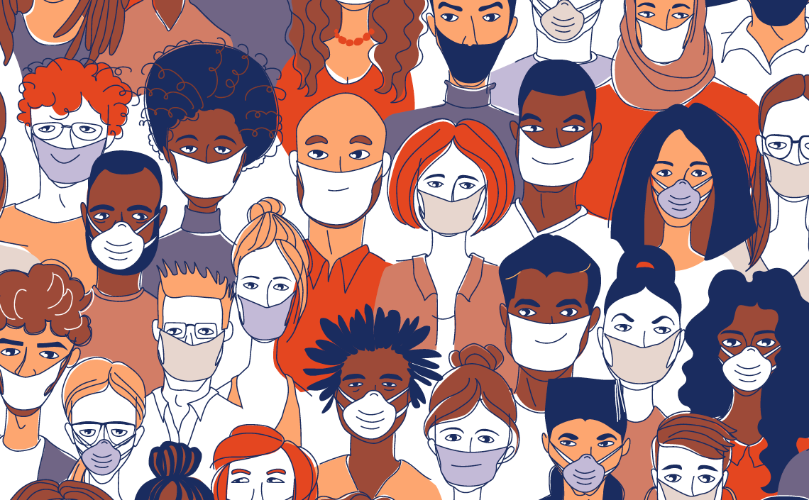 an illustration of a crowd of people wearing facemasks